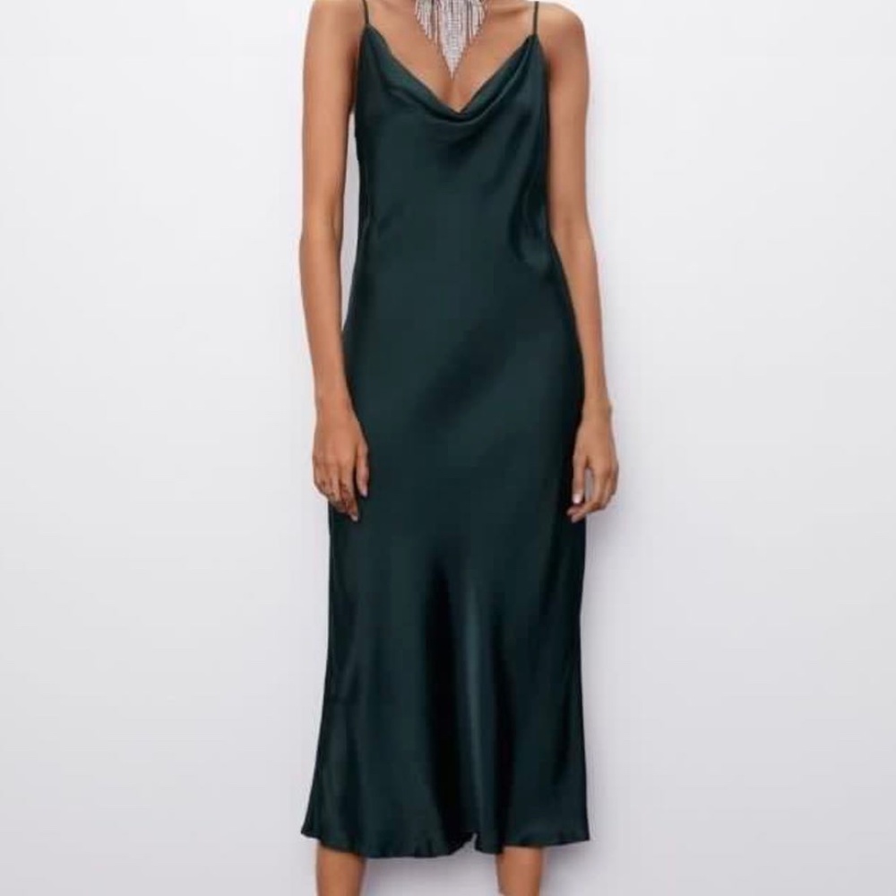 Zara — Emerald Green Satin Cowl Neck Midi Dress Medium
